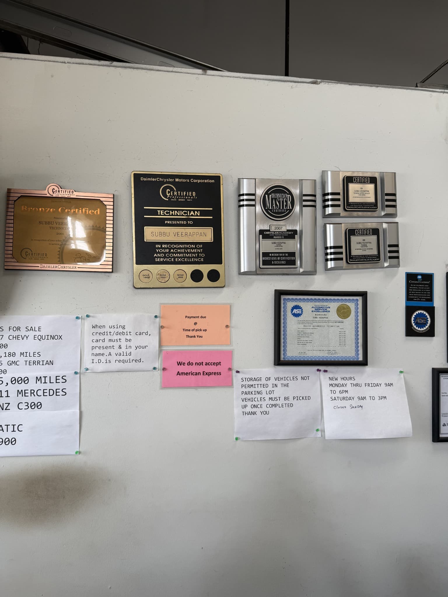 Automotive technician certifications displayed at Car Doc